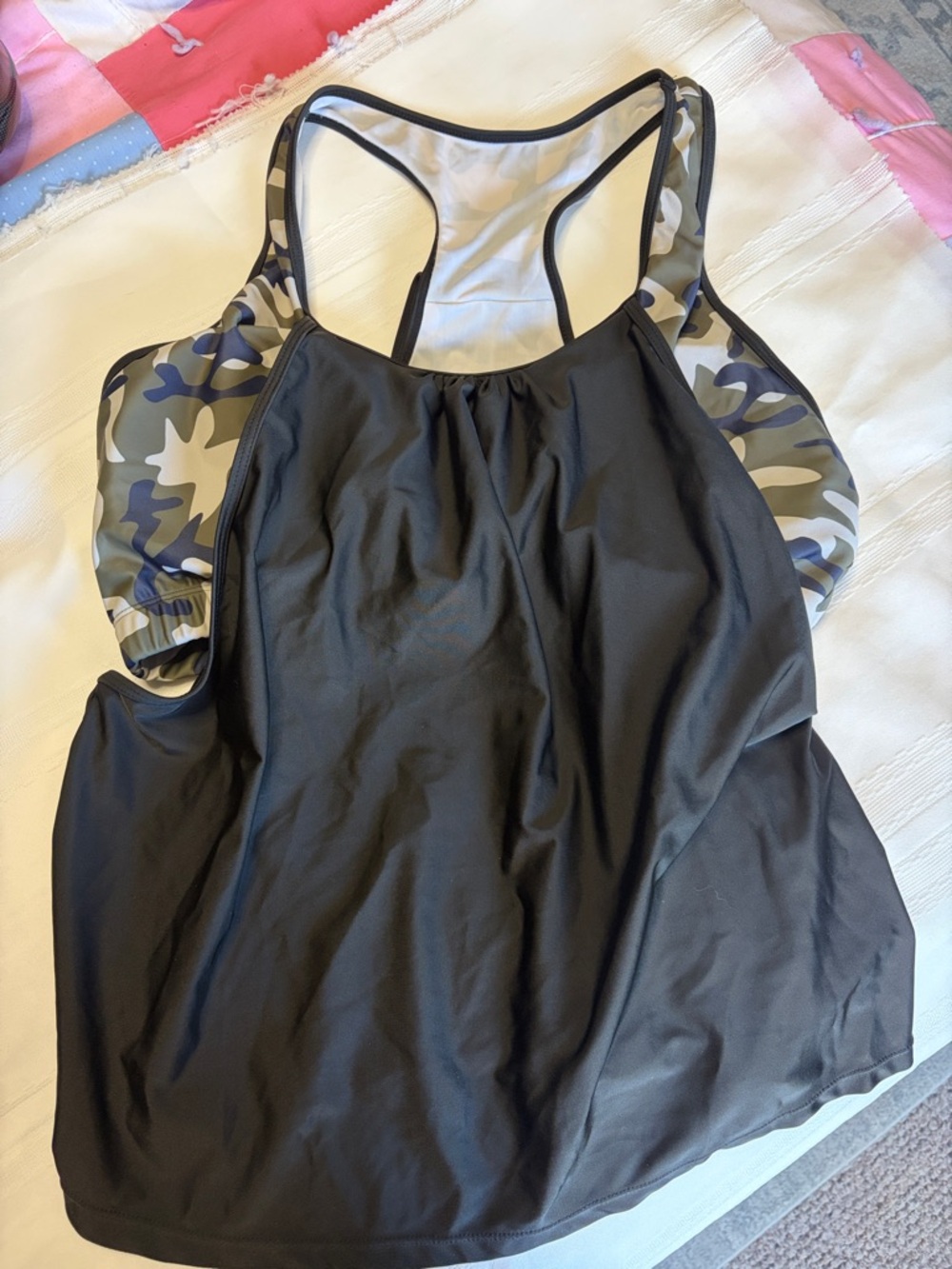 SHEIN Black Tankini Swim Top with Green Camo Panels